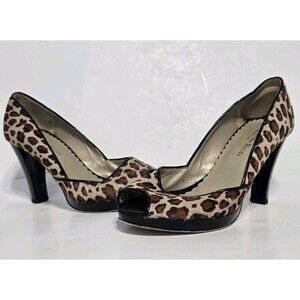 Massimo Baldi Size 8 Beige Black Leopard Cheetah Patent Leather Peep Toe Heels